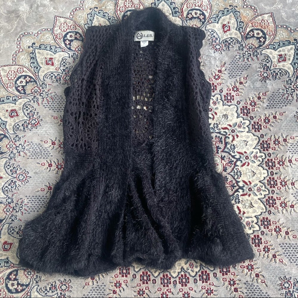 L & B Black Wool Blend Open Knit Fur Sweater Vest Size PL DarkBoho Witchcore